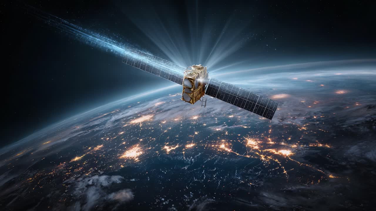 A Stunning View of a Satellite Orbiting Earth, Emitting Bright Rays and Capturing the Beauty of Our Planet's nightscape from Space