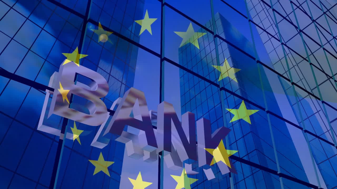 Bank text and european union flag animation over glass building with reflections