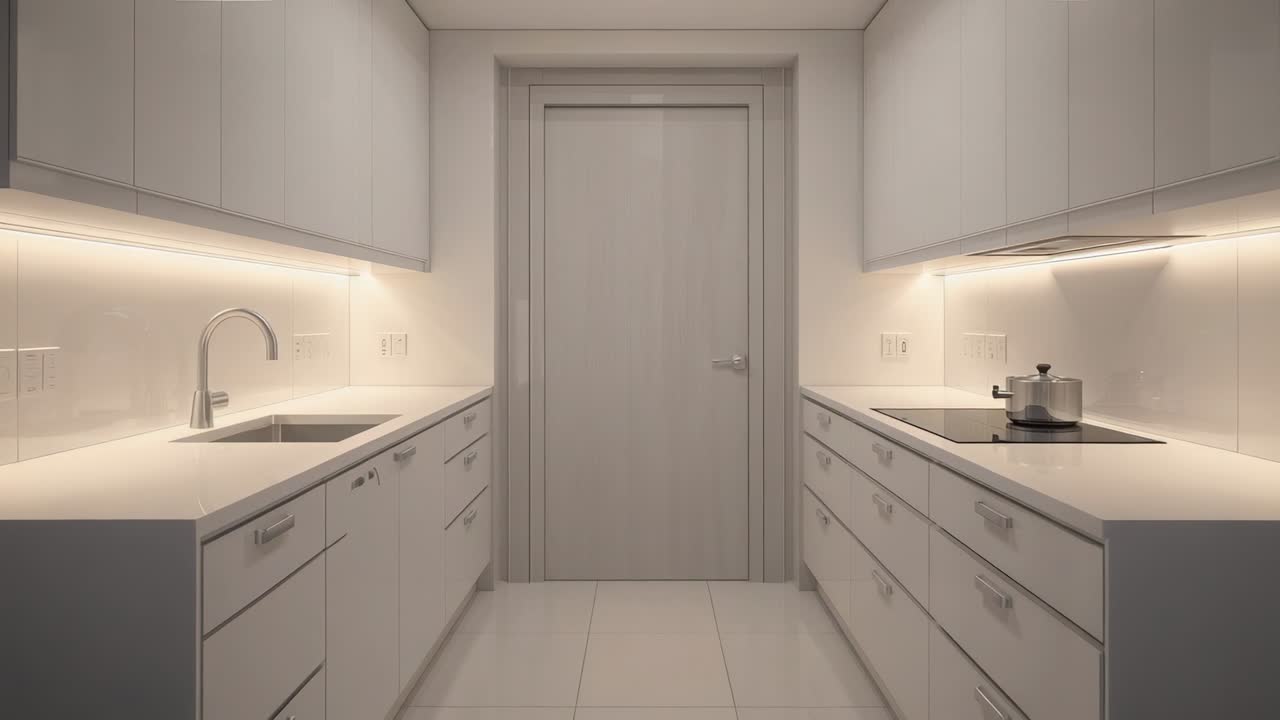 Câmera filmando a porta do painel fechado, permanecendo centralizada na cozinha, documentando a panela no fogão