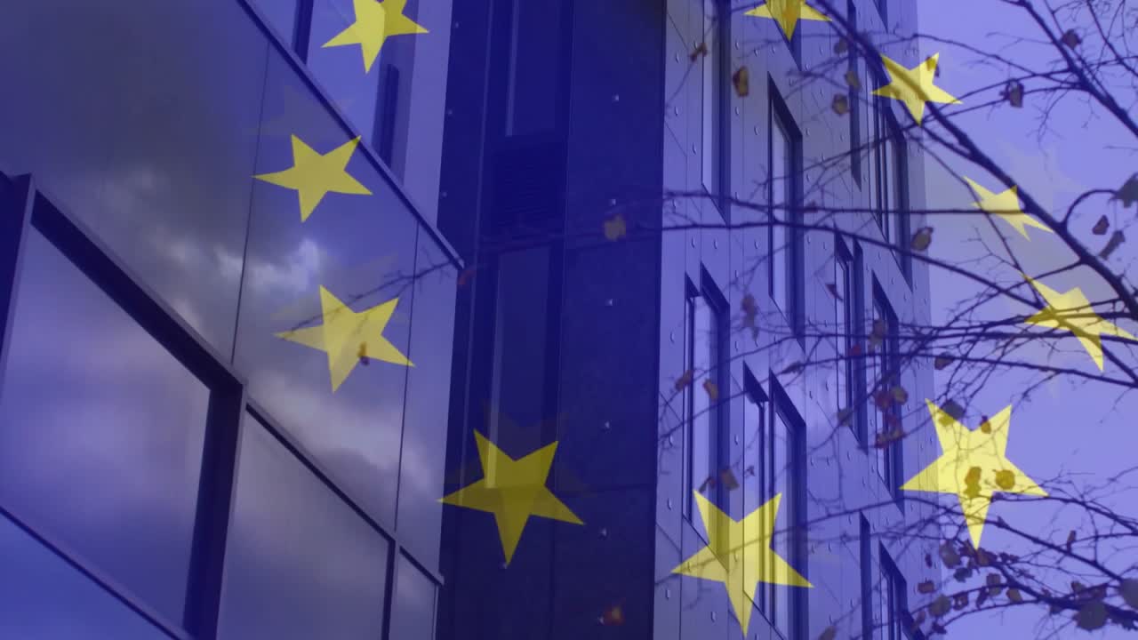 Con sovrapposizione di stelle in evidenza, panoramica della facciata con la telecamera, stelle che si spostano, rami che crescono, a simboleggiare l'UE