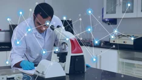 animation of network of connections over biracial male scientist in laboratory