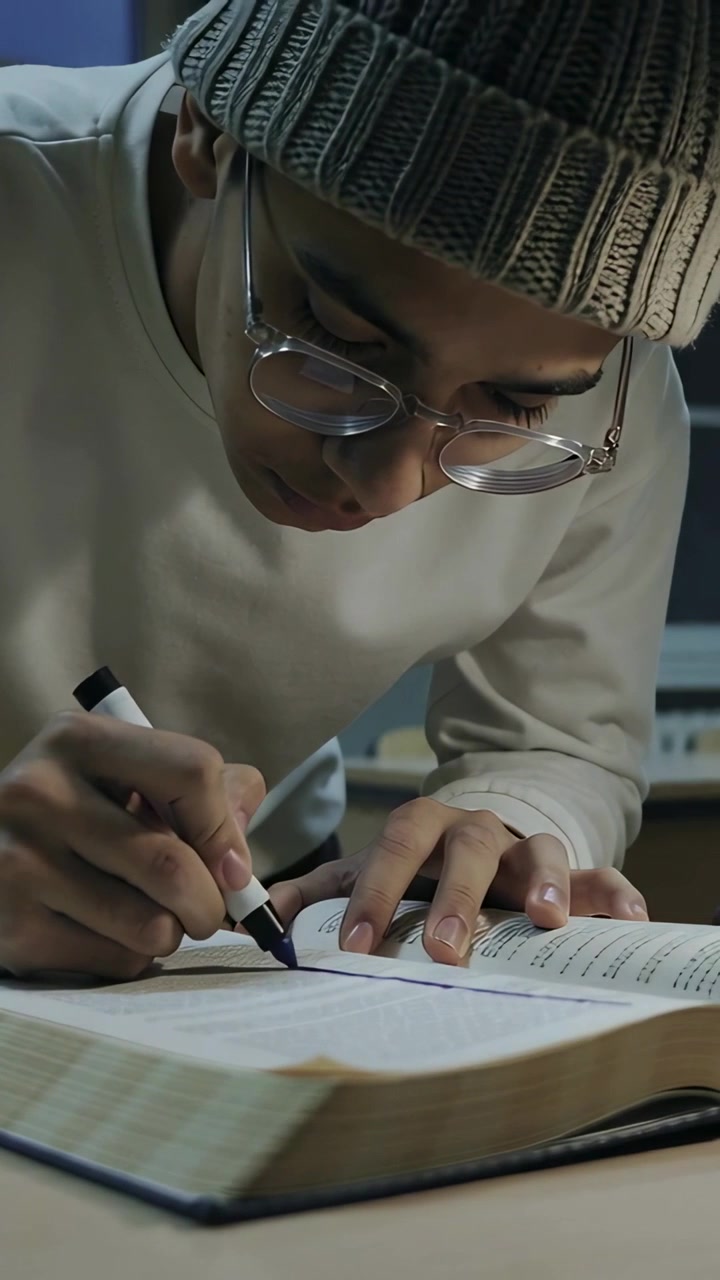 Vertikal video: Student med briller og hatt som lener seg frem og understreker i en bok med tusj ved pulten mens hen studerer