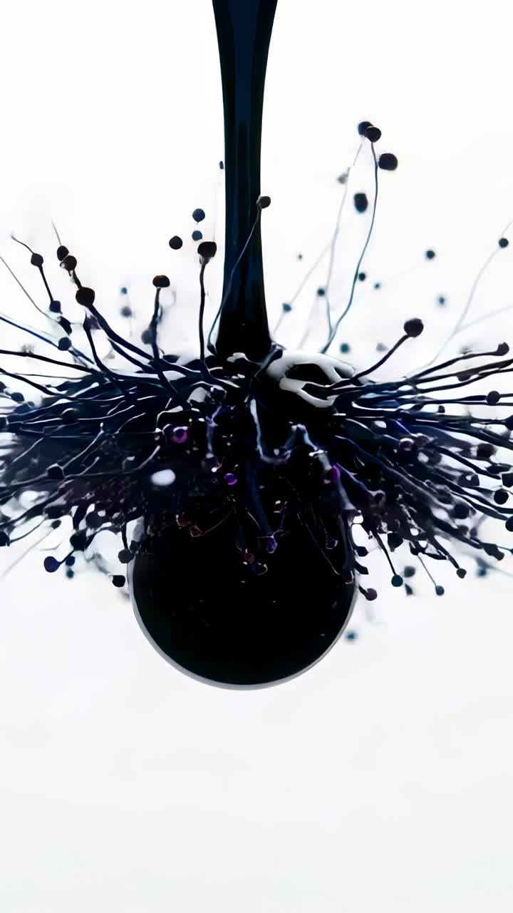Vertical video: Falling black stream hitting table pool forming crown spikes and beads from tension