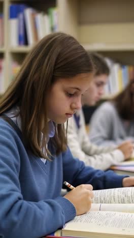 a girl is sitting at a desk with a pencil and a book. she is writing in the book