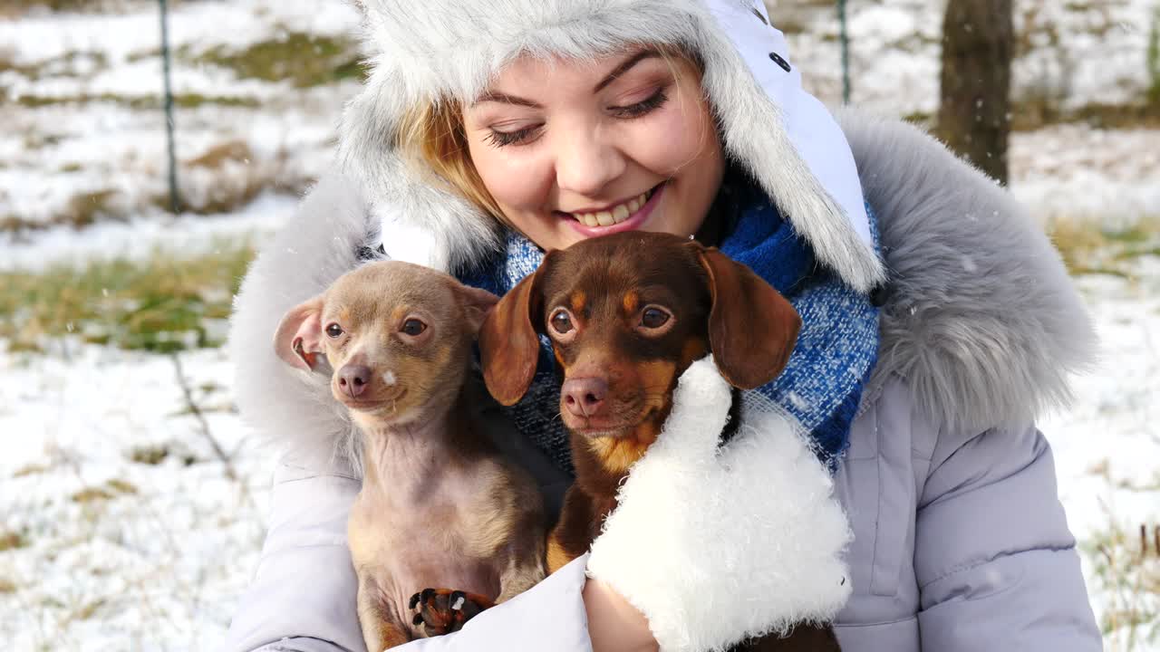 mujer jugando con sus perros pequeños fuera del invierno