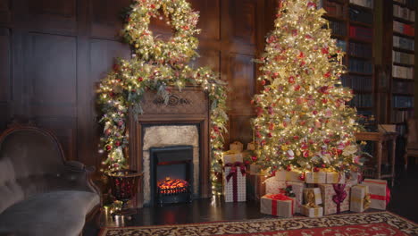 christmas decorated library interior