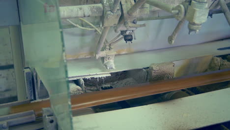 conveyor belt with wooden plank moving along. equipment spraying varnish on wooden door billet.