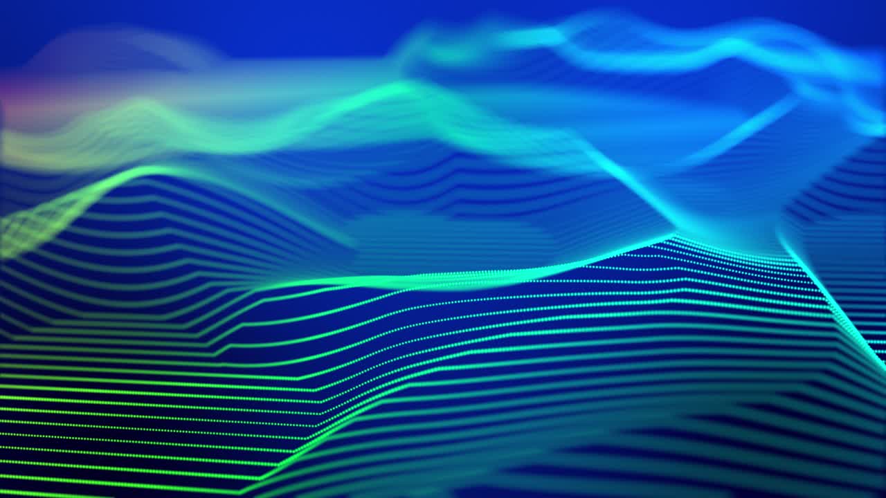 Concept of hi-tech information flow, blockchain. high tech bg with glow particles form complex structure. 3d looped sci-fi bg digital space, particles form lines and surface waves. DOF