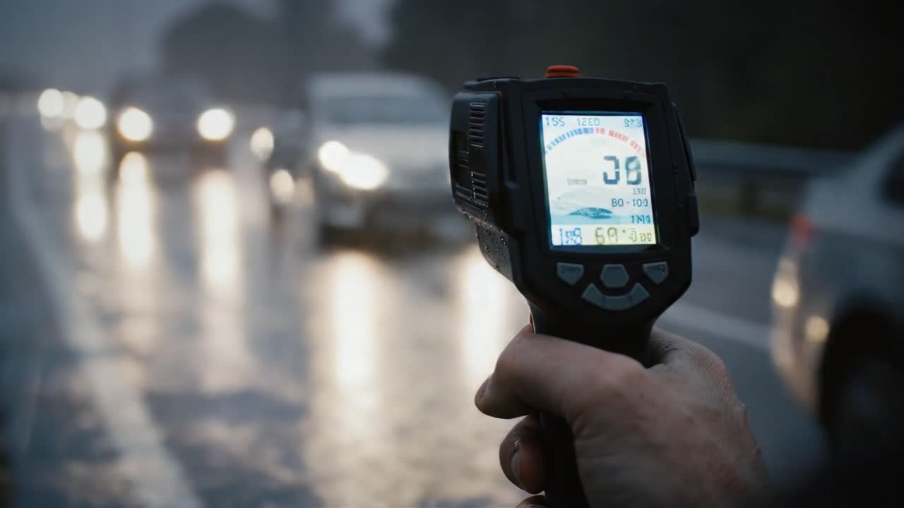 A person holds a speed measurement device while cars drive by on a rainy highway. The weather impacts visibility as vehicles pass at various speeds.