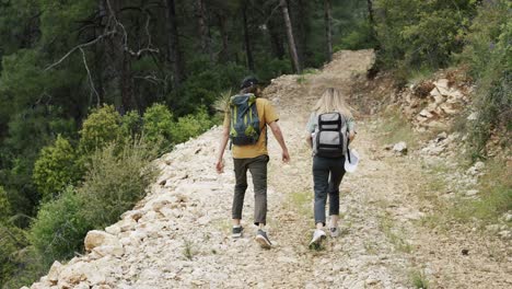 una feliz pareja de mochileros caminando por el camino rocoso del bosque, vista trasera