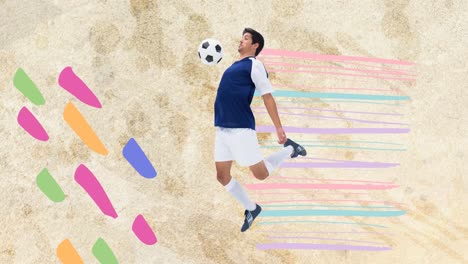 Animation-of-football-player-with-ball-over-colourful-squiggles-on-blue-background