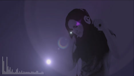 female dj wearing over-ear headphones mixing music in club, showing audio waveform graphics