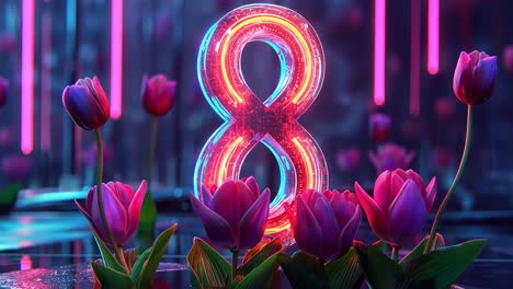 futuristic neon number 8 and tulips for international women's day