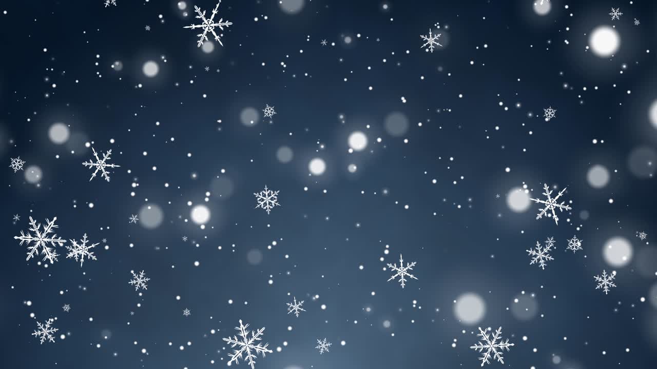 White confetti, snowflakes and bokeh lights on the blue Christmas background