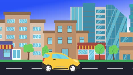 viajes en coche por la ciudad vista lateral, animación en bucle, fondo de diseño plano
