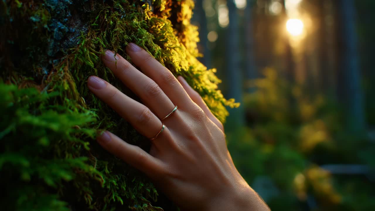 A Serene Touch of Nature: A Close-Up of a Hand Gently Resting on Vibrant Green Moss-Filled Bark in a Sunlit Forest, Conveying Connection and Tranquility Amidst the Wilderness