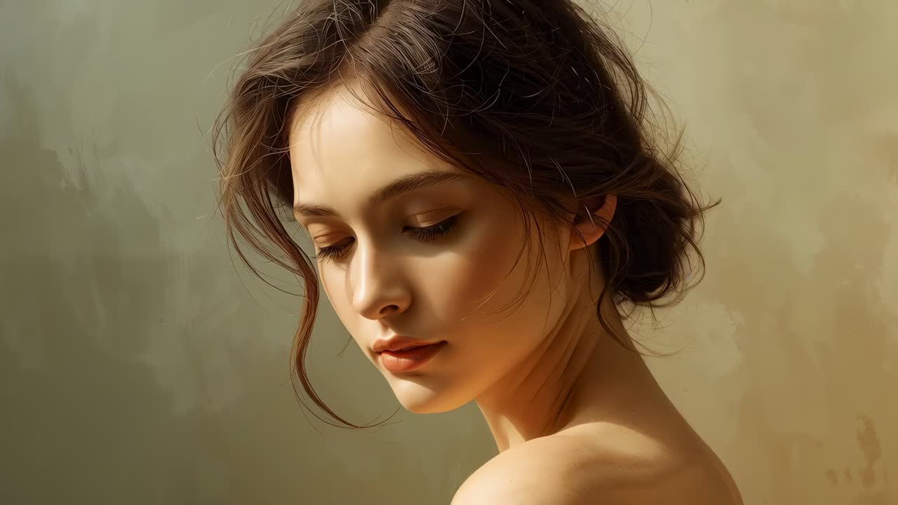 In risposta al segnale della fotocamera, donna che gira la testa, aprendo gli occhi per uno scatto in studio, spalle scoperte, orecchino a lobo