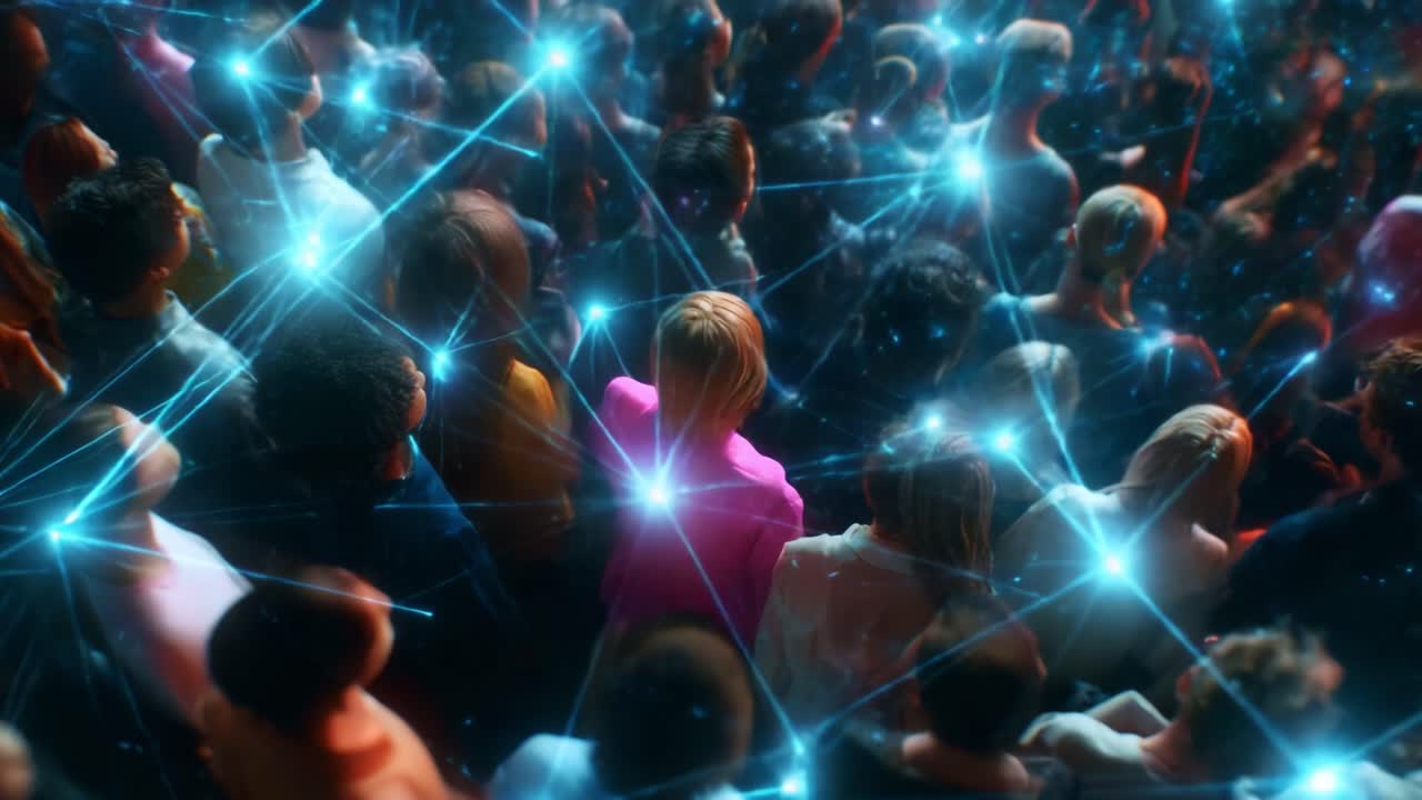 A mesmerizing view of a diverse crowd captivated by an unseen event, illuminated by vibrant connections symbolizing unity, engagement, and the energy of collective experiences in a dynamic atmosphere