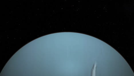 cgi composite: flying over planet uranus, half lit with a starry background