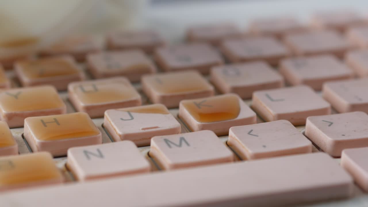 coffee spilling on laptop keyboard. close up