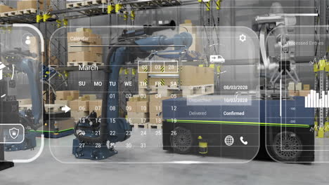 animation of diagrams and data processing over machines working in warehouse