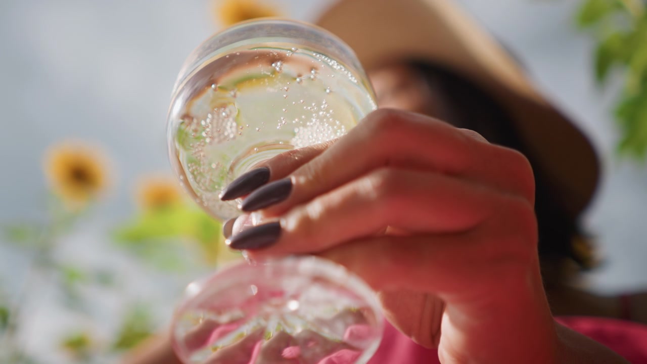 Primo piano di una donna che tiene e inclina due bicchieri pieni di liquido frizzante con bollicine visibili. Lo sfondo presenta girasoli sfocati sotto la luce intensa del giorno, creando un'ambientazione esterna.