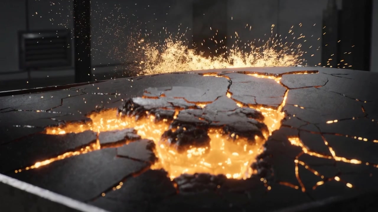 Mostrando una grande lastra nera che reagisce a una luminosa chiazza fusa che appare in una stanza fioca, espellendo scintille.