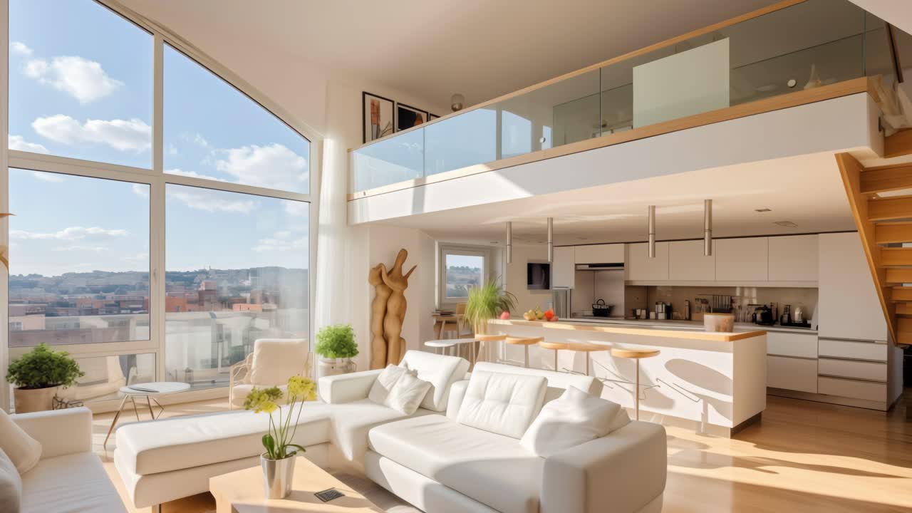 Bright sunlight streaming through expansive windows highlighting minimalist white furniture, wooden elements, and elevated mezzanine within modern open concept urban living space