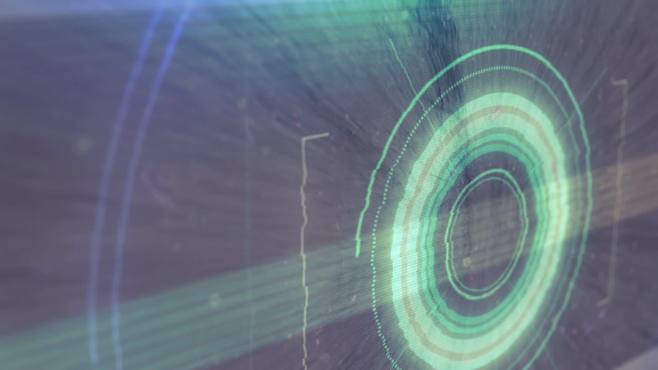 animación digital de rastros de luz y efecto de falla contra el escáner de neón redondo sobre fondo rojo