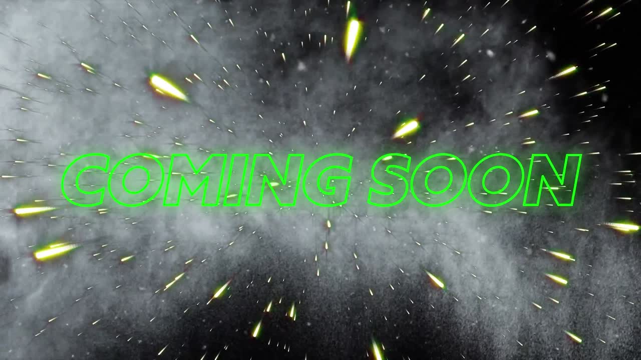 Animation of coming soon neon text over light trails and smoke