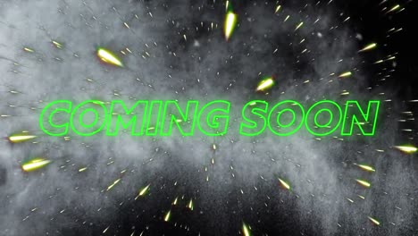 animation of coming soon neon text over light trails and smoke