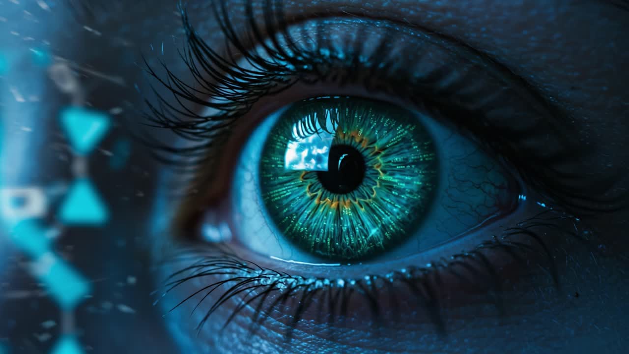 A Close-Up Exploration of a Mesmerizing Eye Featuring a Vibrant Iris and Intricate Patterns, Illuminated by a Digital Aesthetic