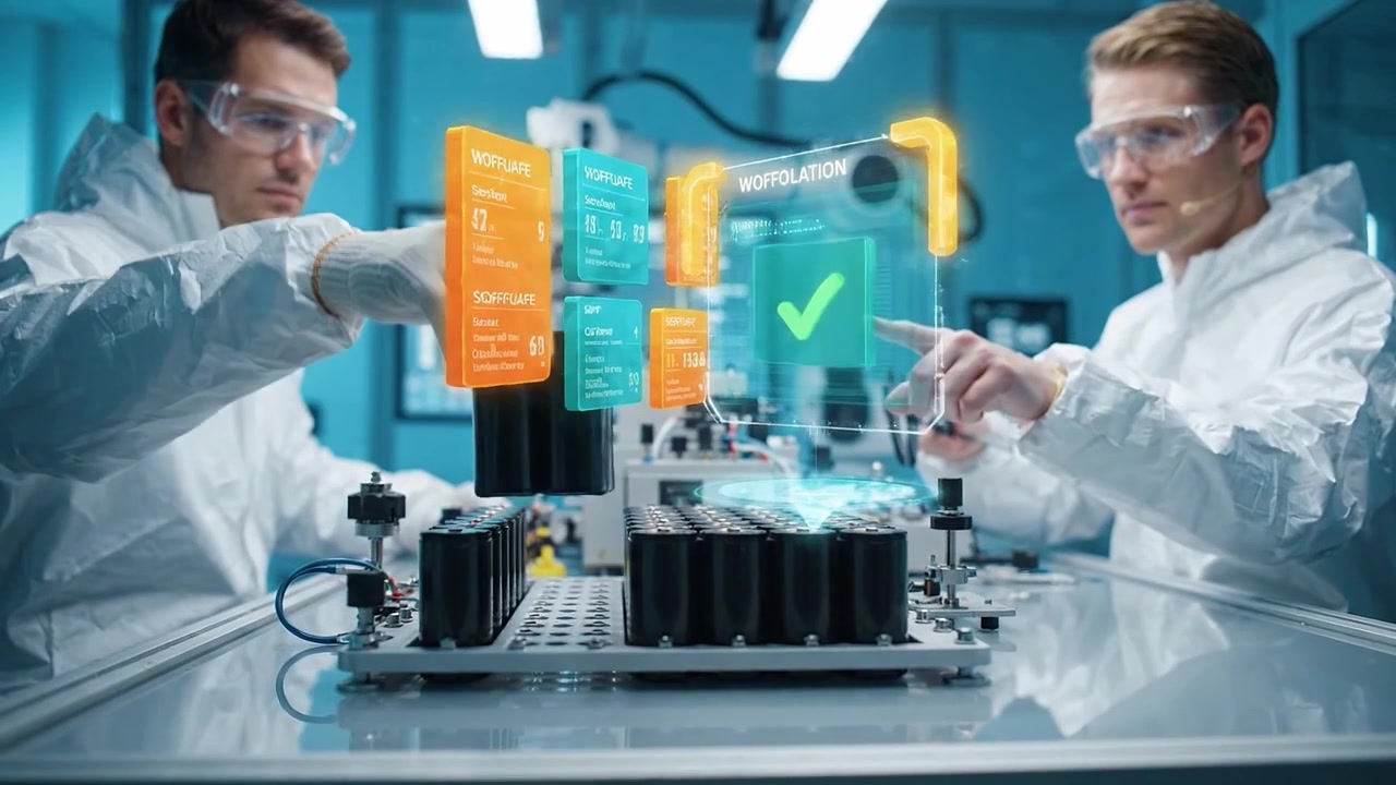 Scientists in Cleanroom Suits Assembling and Testing Electronic Components with Holographic Data