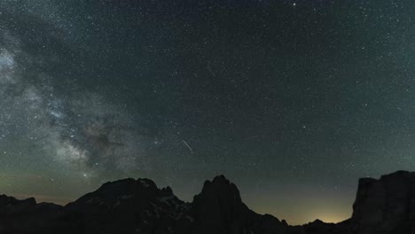 Vía-Láctea-Y-Cielo-Nocturno-Estrellado-Sobre-Montañas-Rocosas-En-Collado-Jermoso-En-El-Parque-Nacional-Picos-De-Europa-En-León,-España