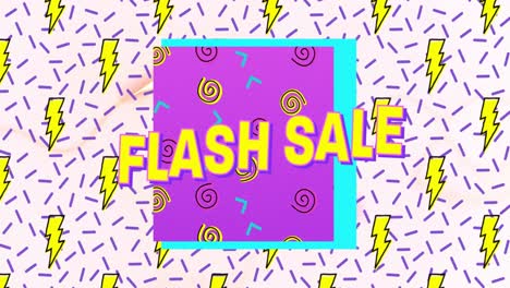 Animation-Von-Flash-Sale-Text-In-Gelben-Buchstaben-über-Buntem-Donnerblitz-Retromuster