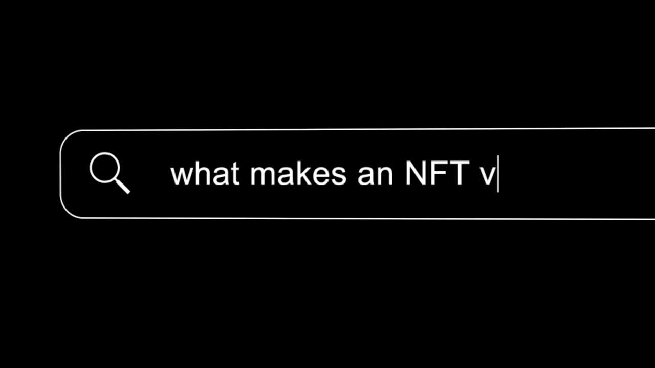 Search bar typing question - What makes an NFT valuable? isolated on a black background. NFTs are valuable because they verify the authenticity of a non-fungible asset. 4K