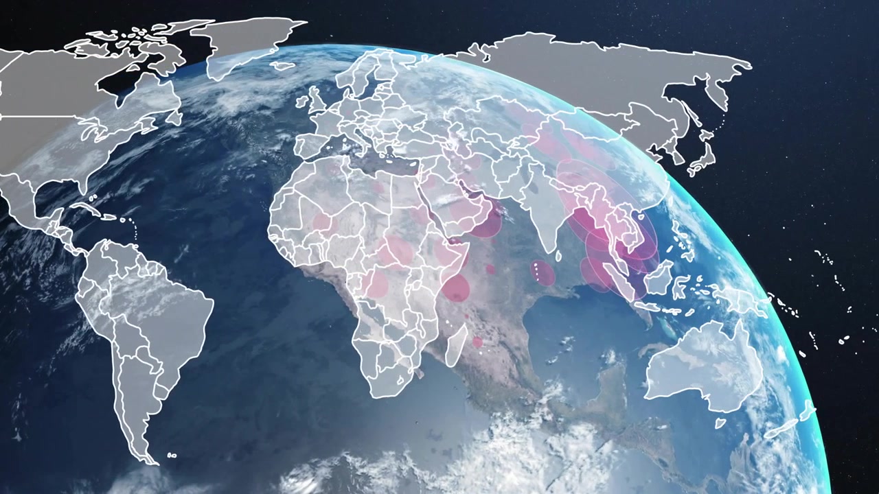 At start Earth rotating, borders fading, markers emerging across Asia Pacific, pan showing hotspots