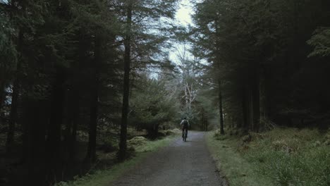 young man cycles away from camera within forest on pathway wearing a backpack