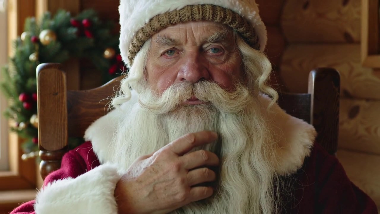 Iniziando con un primo piano, la telecamera riprende un anziano Babbo Natale con un cappotto rosso che sistema la barba in una baita per un ritratto