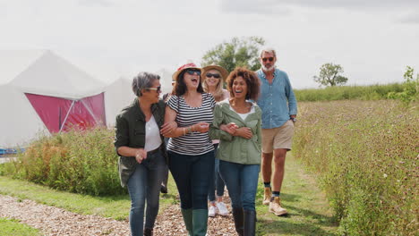 grupo de amigos maduros caminando por el camino a través del campamento de yurt