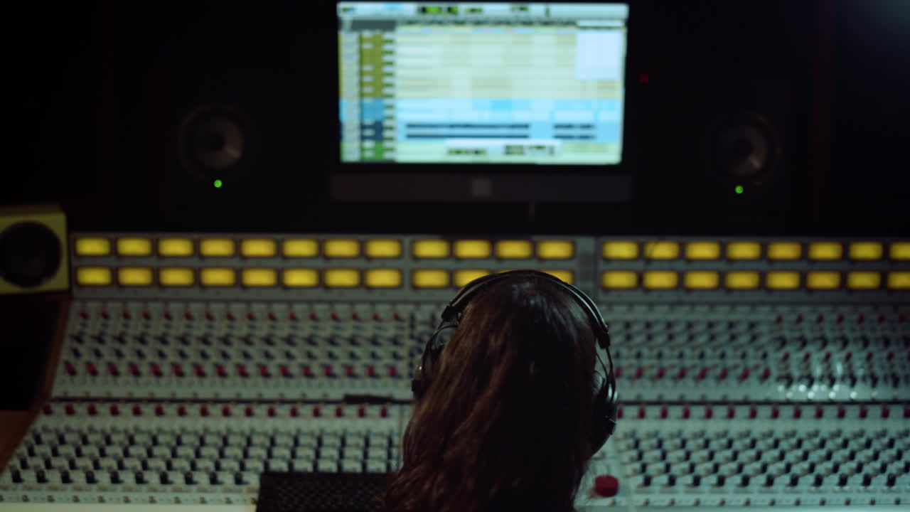 Sound producer nodding head in music studio. Young man dancing in chair indoor.