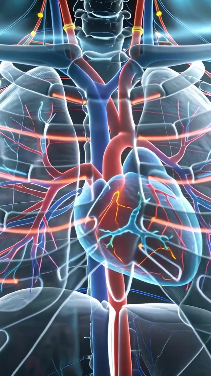 Vertical video: Pulling back revealing rotating thorax showing lungs heart in 3D lab for teaching