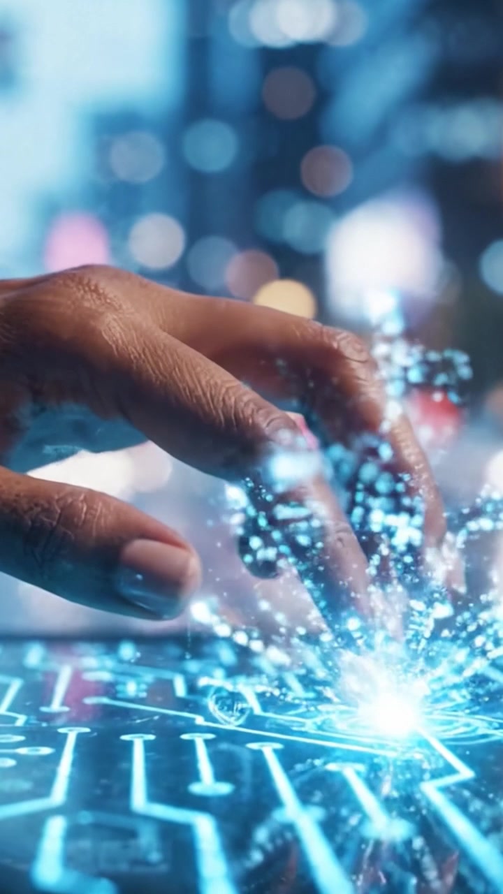 A Glimpse into the Future: A Hand Interacting with a Digital Display Featuring Circuit Patterns and Glowing Data, Representing Advanced Technology and Connectivity.