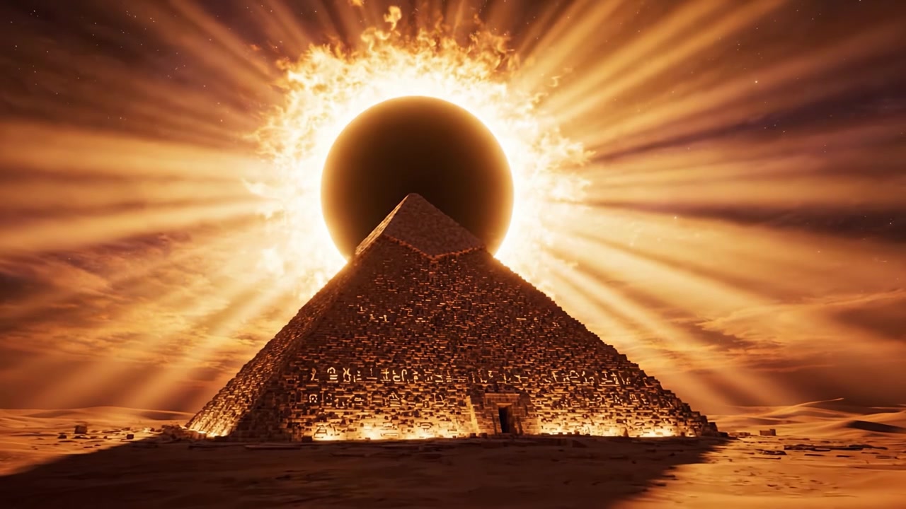 Uno straordinario evento celeste: una maestosa piramide illuminata da un sole in eclissi al crepuscolo, circondata da un sereno paesaggio desertico.