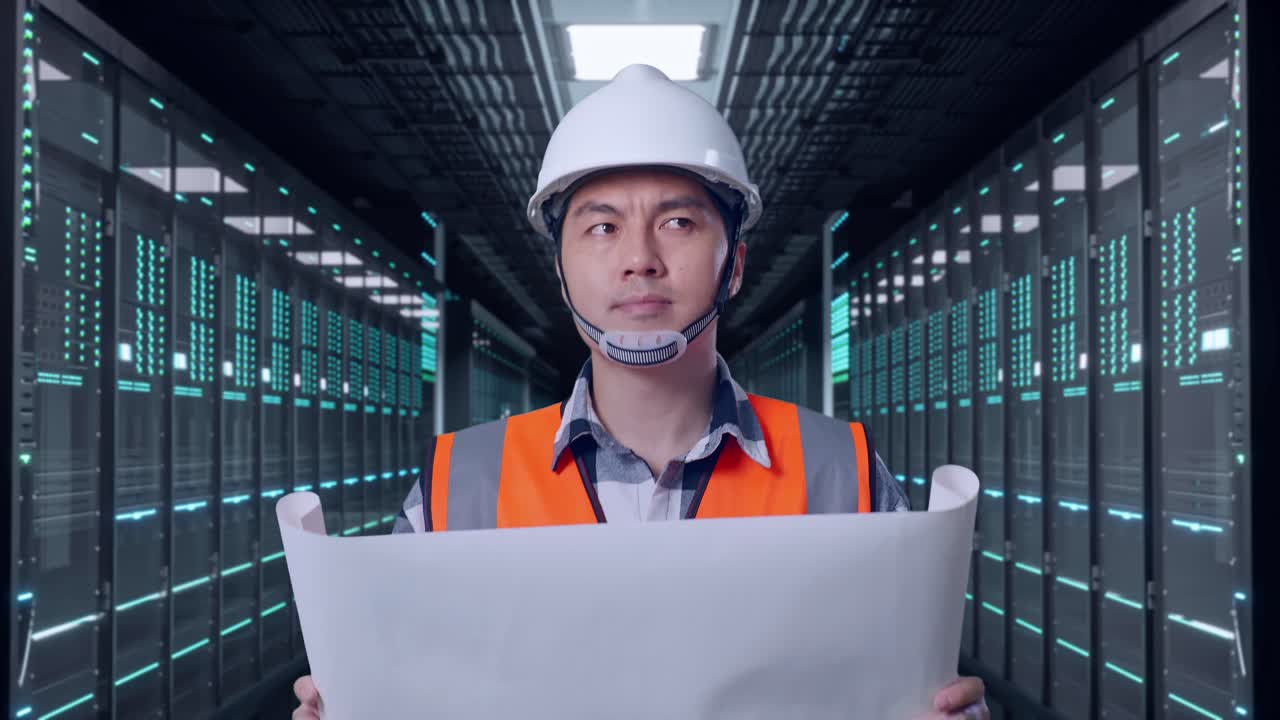 Front View of Asian Male Engineer Looking At Blueprint In His Hands While Walking in Server Room Data Center