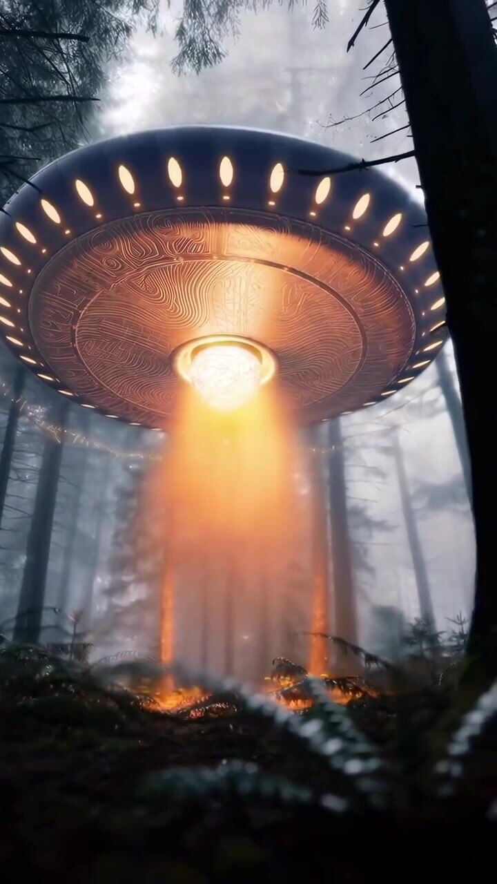 UFO Hovering Above a Misty Forest at Night