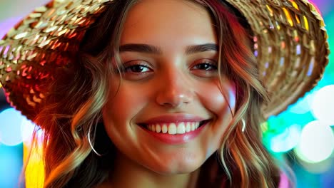 a woman in a straw hat smiles at the camera