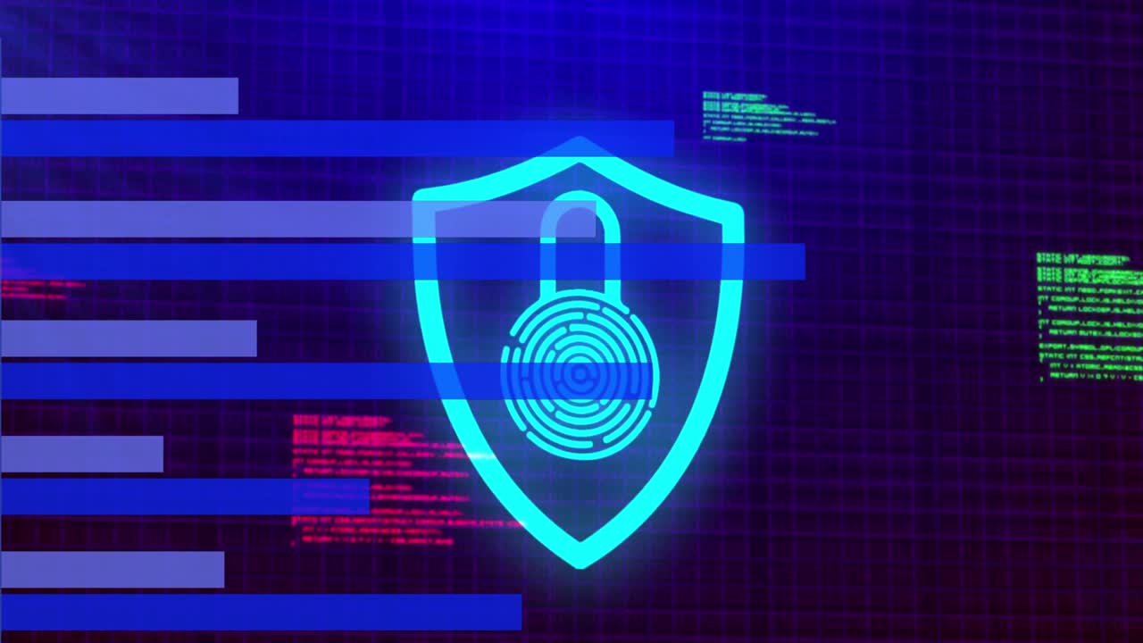 animación del candado y la huella dactilar biométrica y procesamiento de datos sobre un fondo oscuro