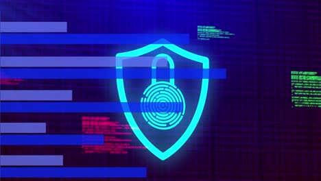 Animation of padlock and biometric fingerprint and data processing over dark background