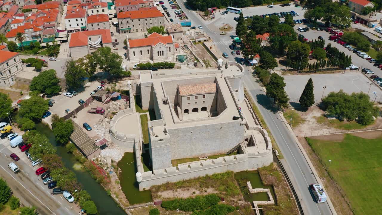 Aerial view of Ston, known for saltworks and Great Wall, located on Pljesac peninsula in Croatia.
